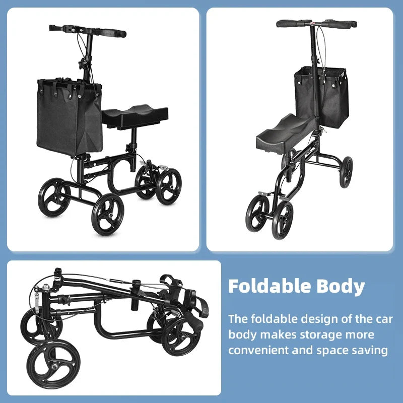 Foldable Knee Walker for Seniors and Disabled - Four-Wheel Portable Trolley with Adjustable Features