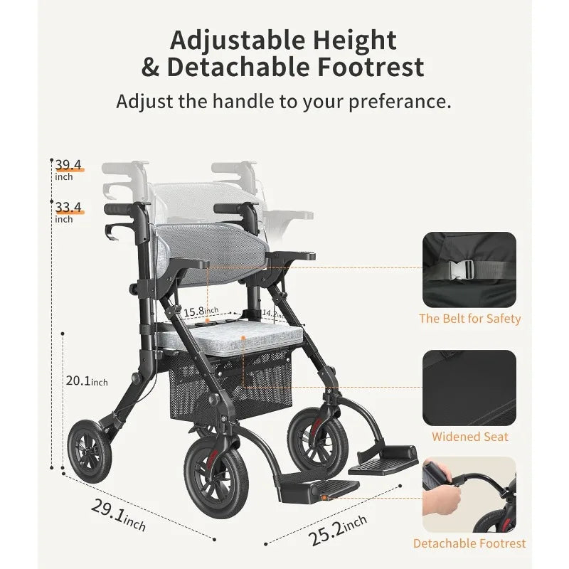 2-in-1 Rollator Walker & Transport Chair for Seniors – Lightweight Foldable Design with Seat, Brakes, & Storage Pouch