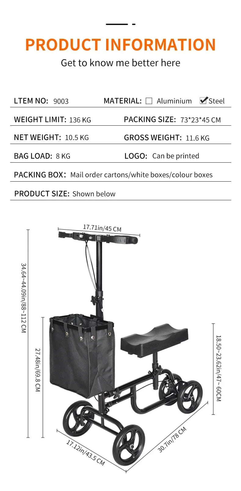 Foldable Knee Walker for Seniors and Disabled - Four-Wheel Portable Trolley with Adjustable Features