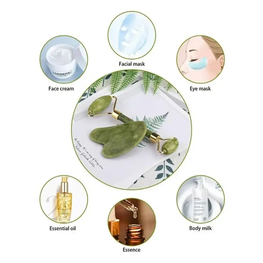 Facial Scraping Board Neck Massage Tablets Body Massager Facial Roller Exquisite Skincare Scraping Tablet Combination Set Green