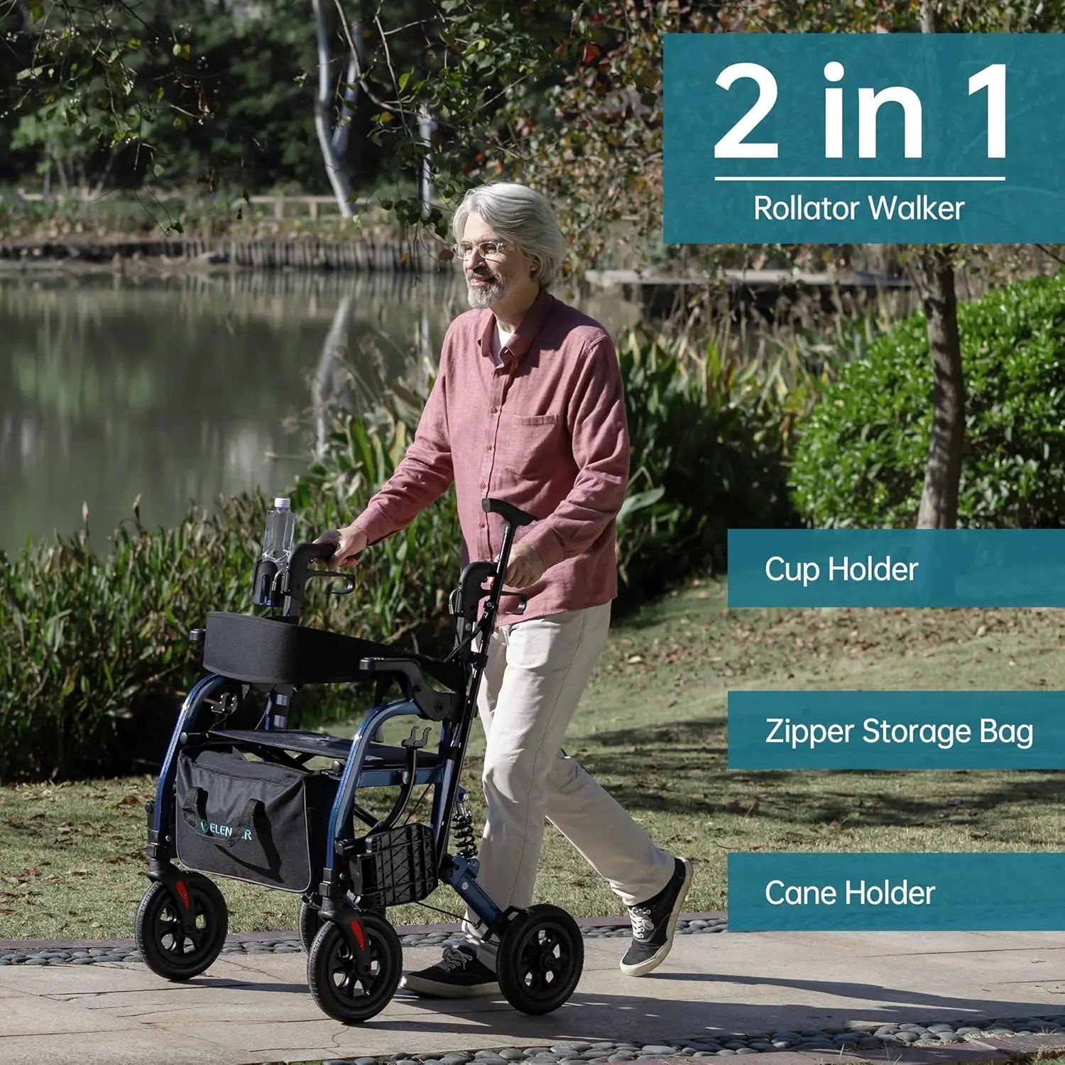 2-in-1 Rollator Walker & Transport Chair with Shock Absorbers and 10'' All-Terrain Wheels