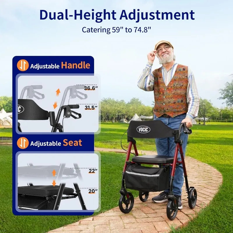 Foldable Walker with Seat for Seniors – 8-Inch All-Terrain Wheels, Dual Adjustable Height, and Ergonomic Backrest