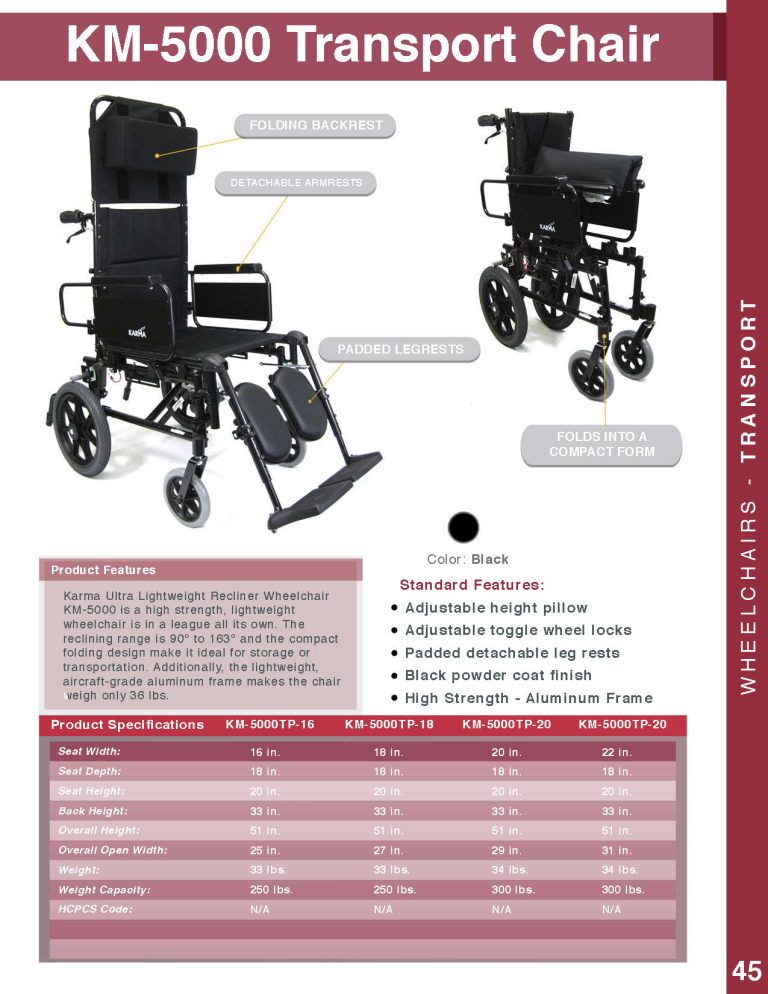 KARMAN KM-5000-TP Lightweight Reclining Transport Wheelchair Karman Health Care