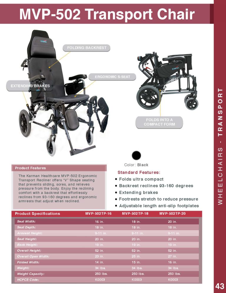 KARMAN MVP502TP Lightweight Ergonomic Reclining Transport Wheelchair Karman Health Care